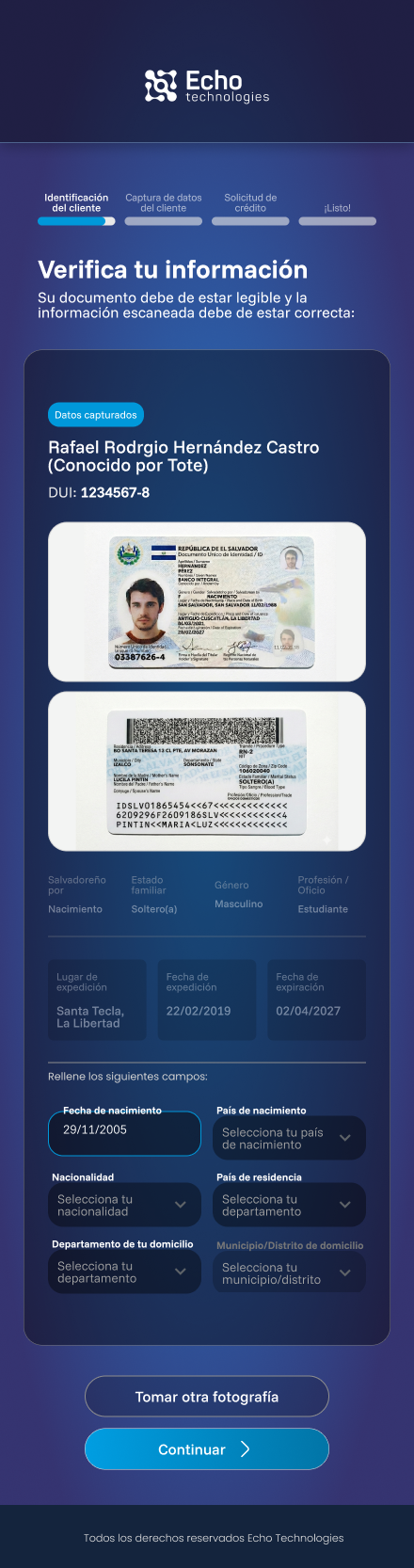 ACTIVA app — customer data auto-filled from document