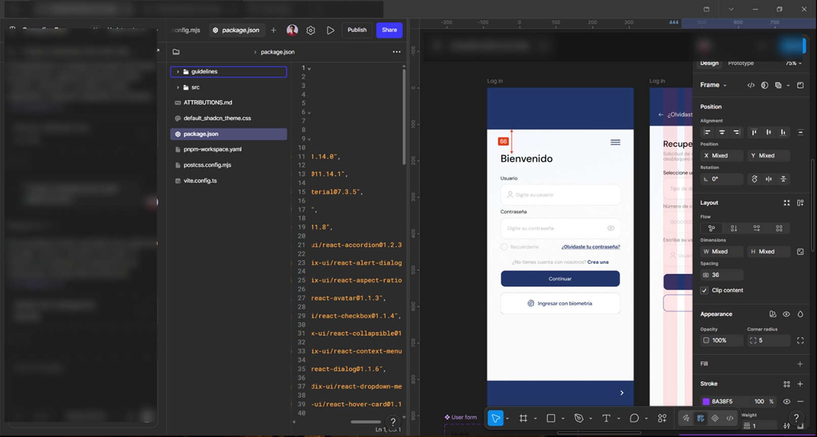 Functional React prototype next to the Figma design