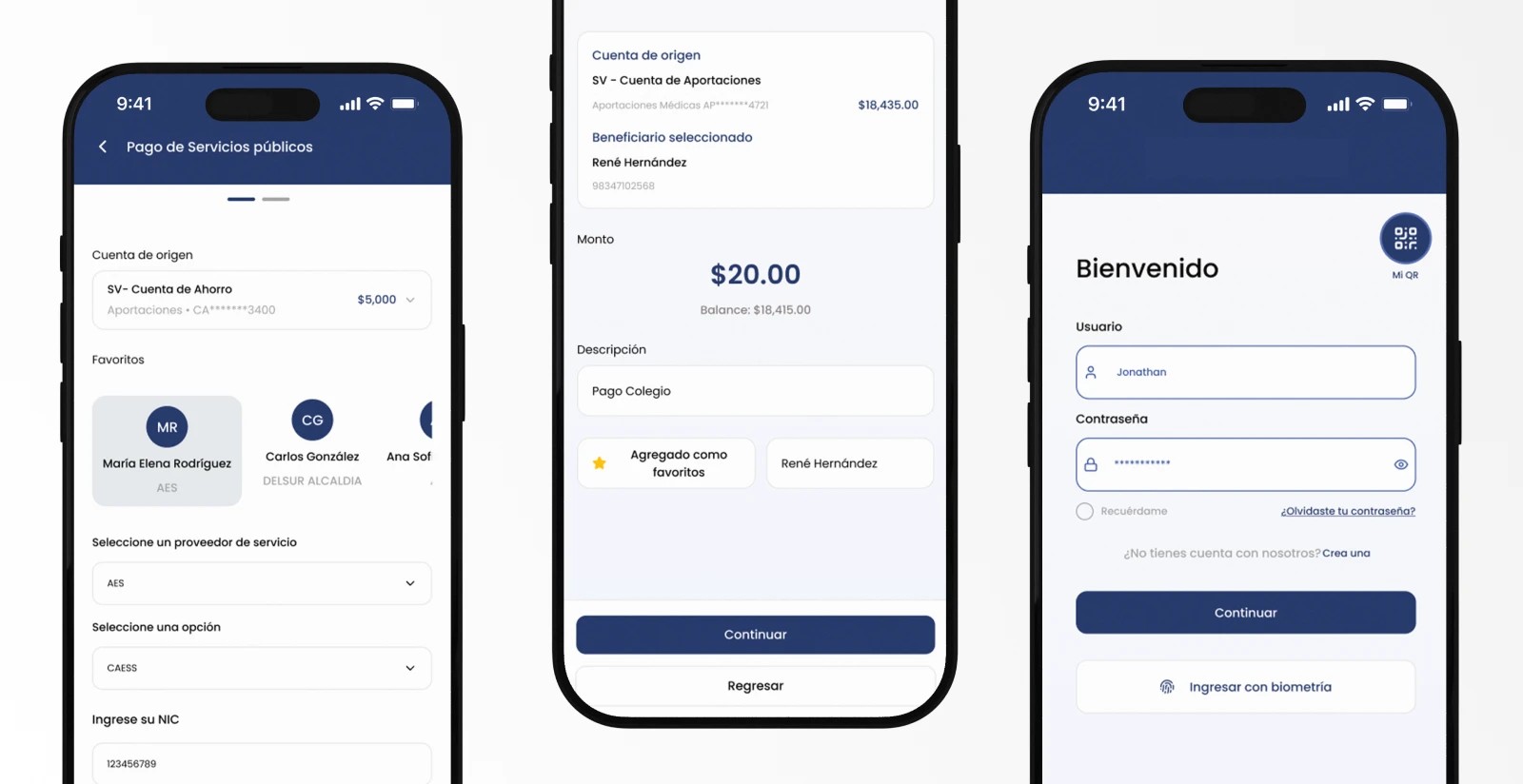 Rediseño de banca digital: pantallas de pago de servicios, confirmación de monto e inicio de sesión