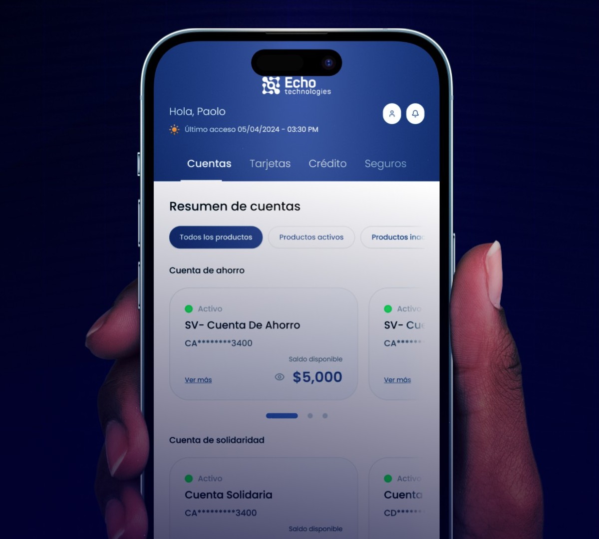 Account summary with cards in a carousel